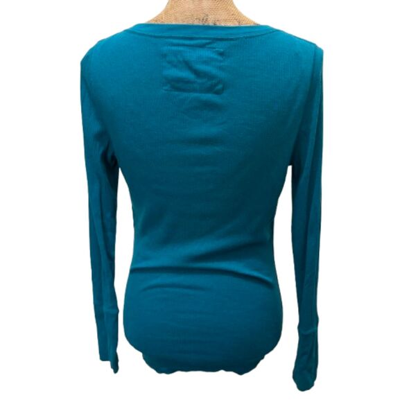 Y2K Aeropostale Long Sleeve Henley Top Teal Blue Stretch Twilightcore Size Large - Picture 2 of 3